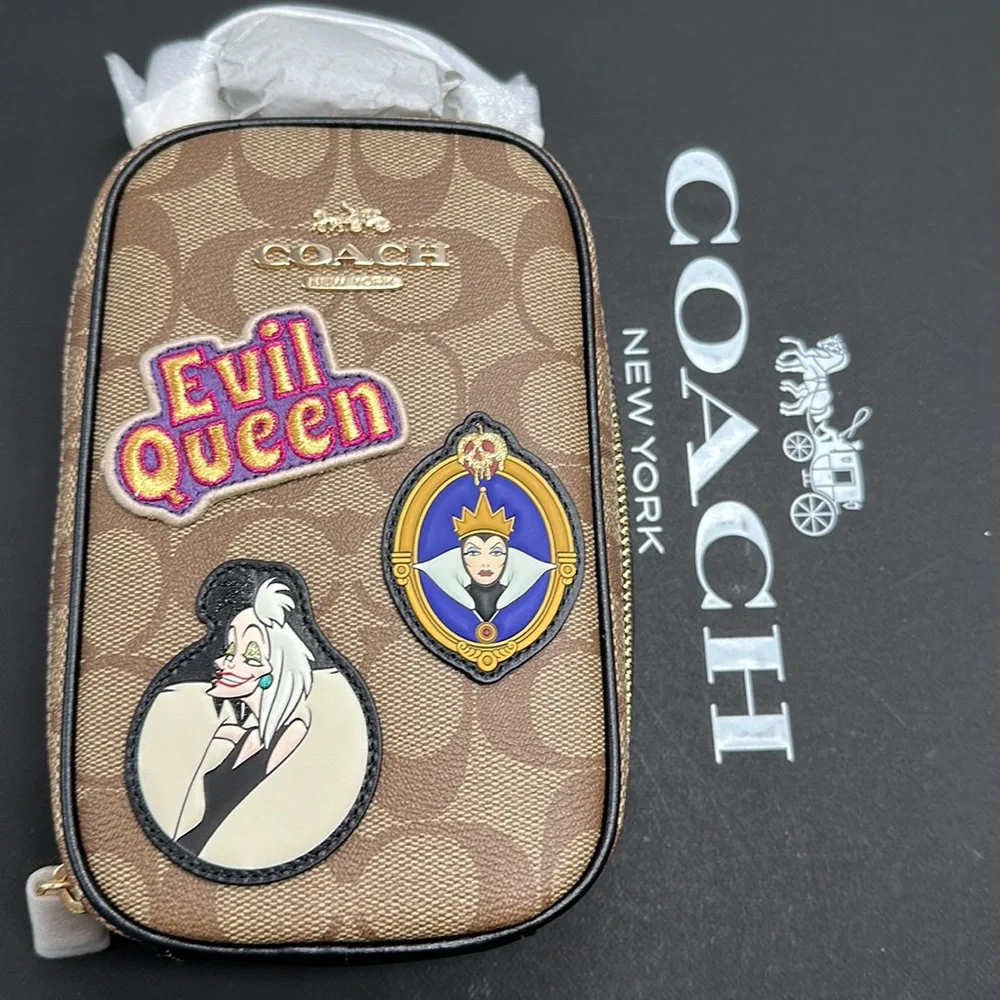 NWT Disney X Coach Eva Phone Crossbody Signature Canvas Patches cc761 Villain's